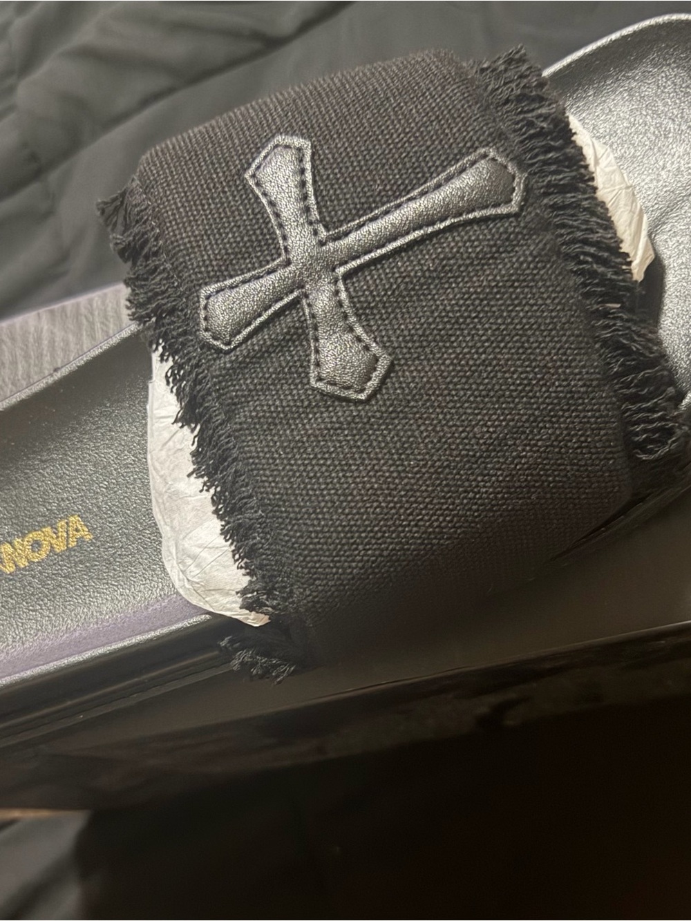 Black Slide Sandals with Cross Patch